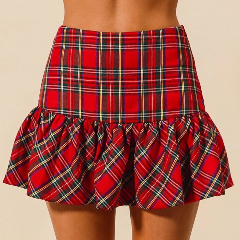 "SO ME" PLAID MINI BALLOON SKIRT WITH SIDE INVISIBLE ZIPPER AND SHORTS LINING - Picture 1 of 8